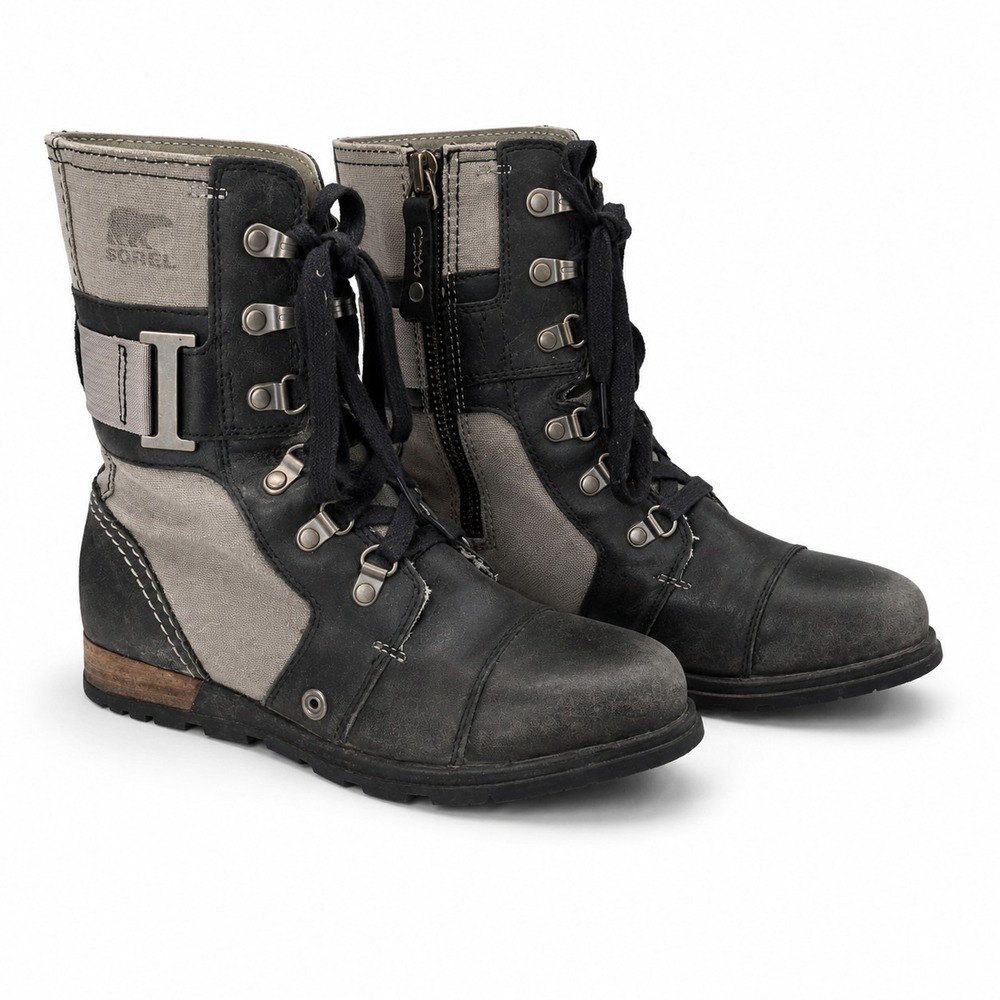 Sorel NL2157 Women's 6 Black Leather Gray Canvas Combat Utility Boots Lace Up...